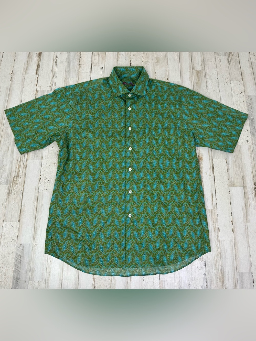 Alan Flusser Paisley Button Front Shirt Men L Short Sleeve Green Colorful